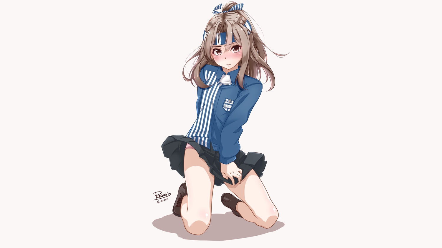 anthropomorphism, blush, brown_eyes, gray_hair, headband, kantai_collection, long_hair, panties, plasbott, ponytail, signed, skirt, underwear, uniform, white, zuihou_(kancolle)