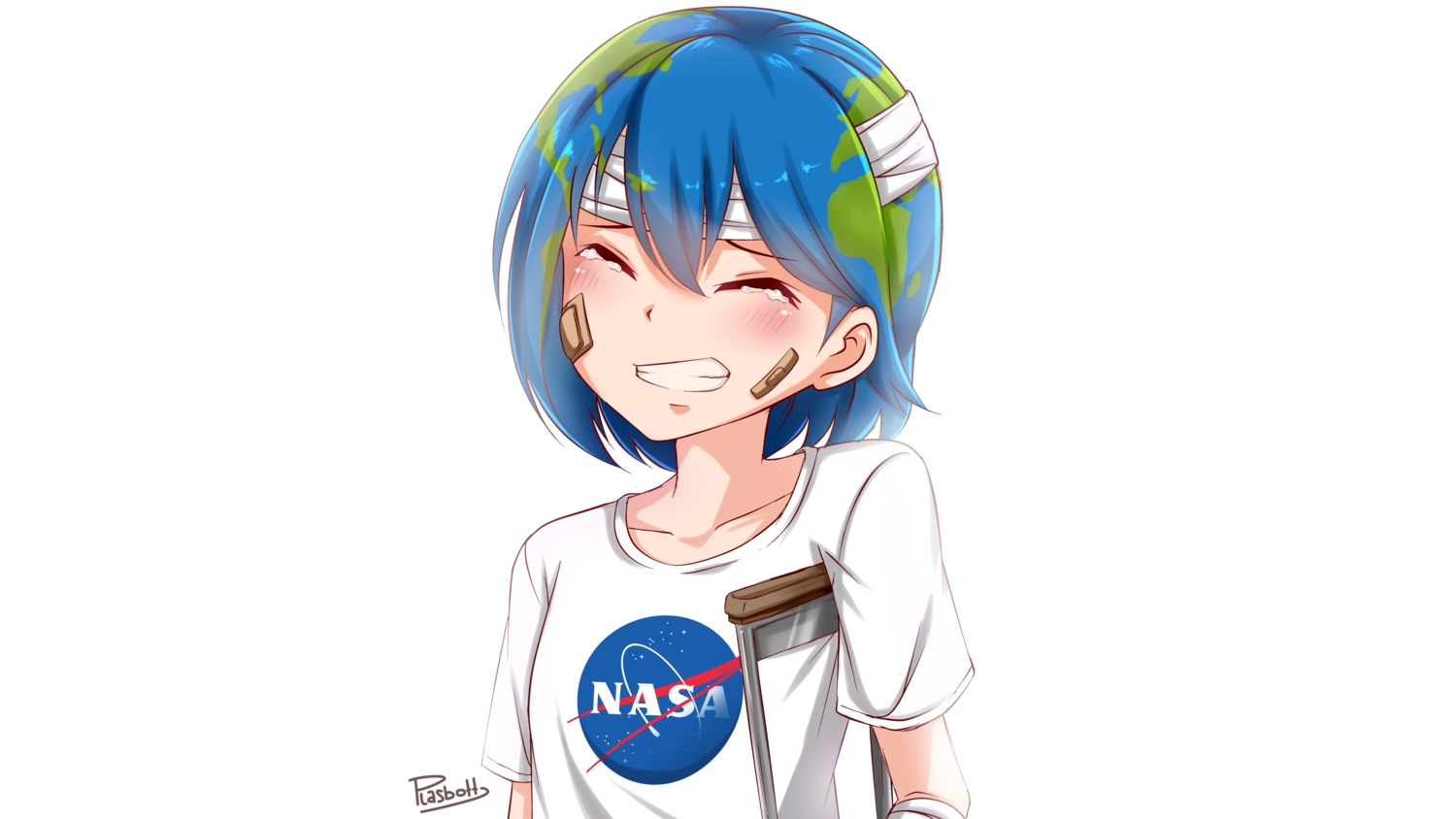 anthropomorphism, bandage, blush, close, earth-chan, flat_chest, headband, planet, plasbott, short_hair, signed, tears, white