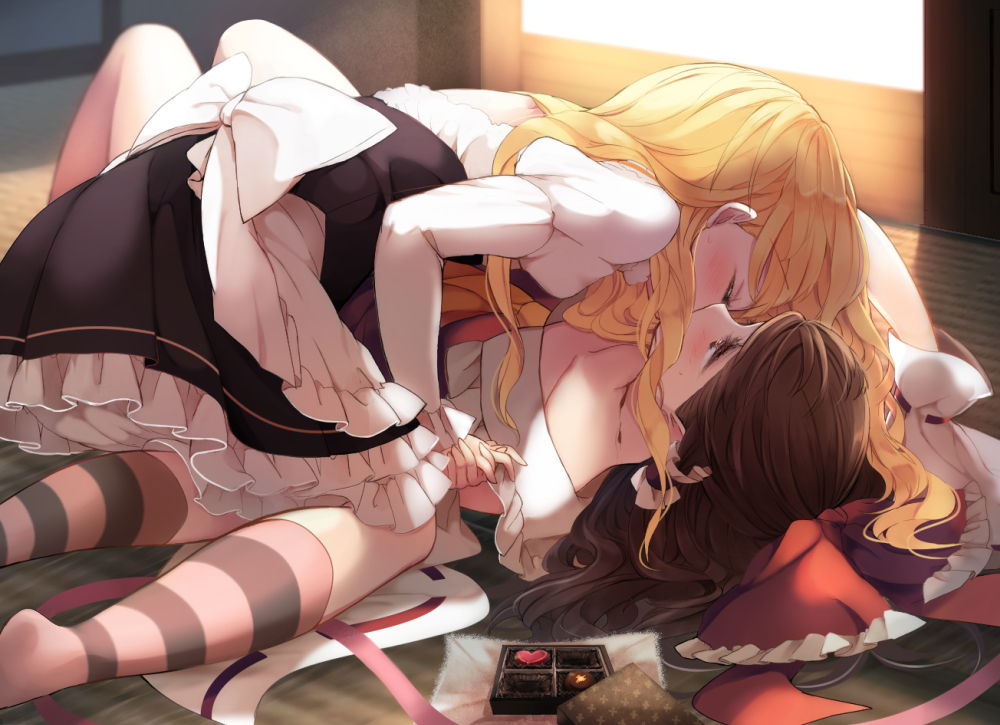 2girls, blonde_hair, blush, bow, brown_eyes, brown_hair, candy, chocolate, dress, food, hakurei_reimu, kirisame_marisa, kiss, kneehighs, long_hair, piyokichi, shoujo_ai, touhou