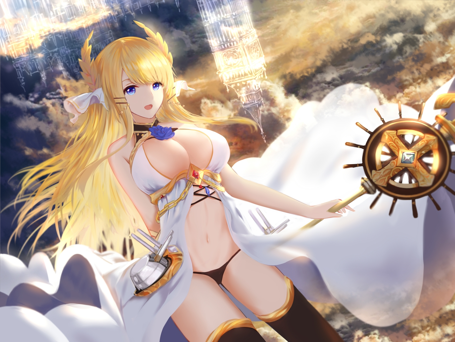 anthropomorphism, an_yasuri, aqua_eyes, azur_lane, blonde_hair, breasts, cleavage, clouds