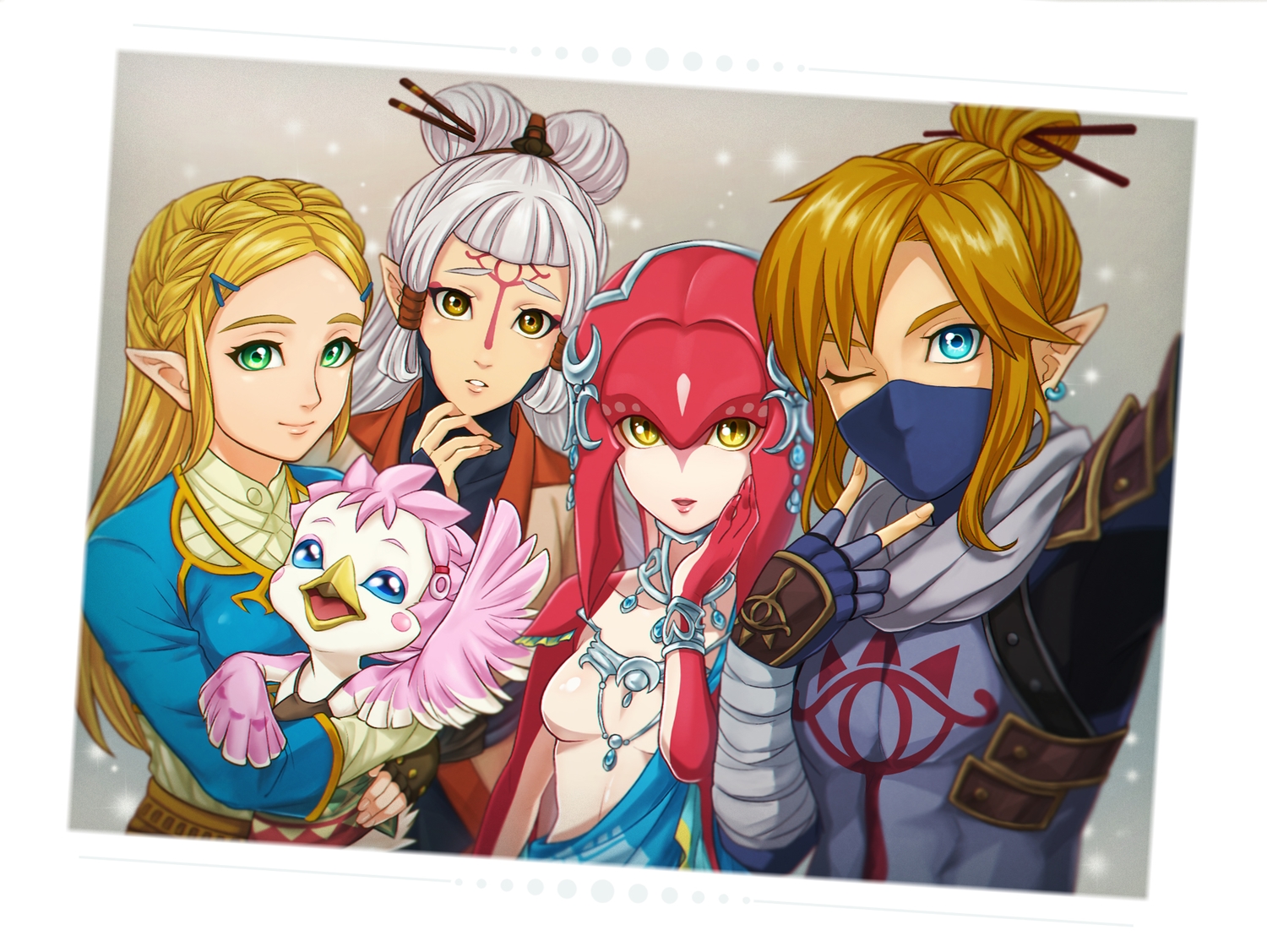 animal, aqua_eyes, bandage, bird, blonde_hair, bodysuit, braids, gloves, green_eyes, group, link_(zelda), long_hair, male, mask, paya_(zelda), pointed_ears, princess_mipha, princess_zelda, tattoo, the_legend_of_zelda, three_(pixiv17689488), white_hair, wink, yellow_eyes