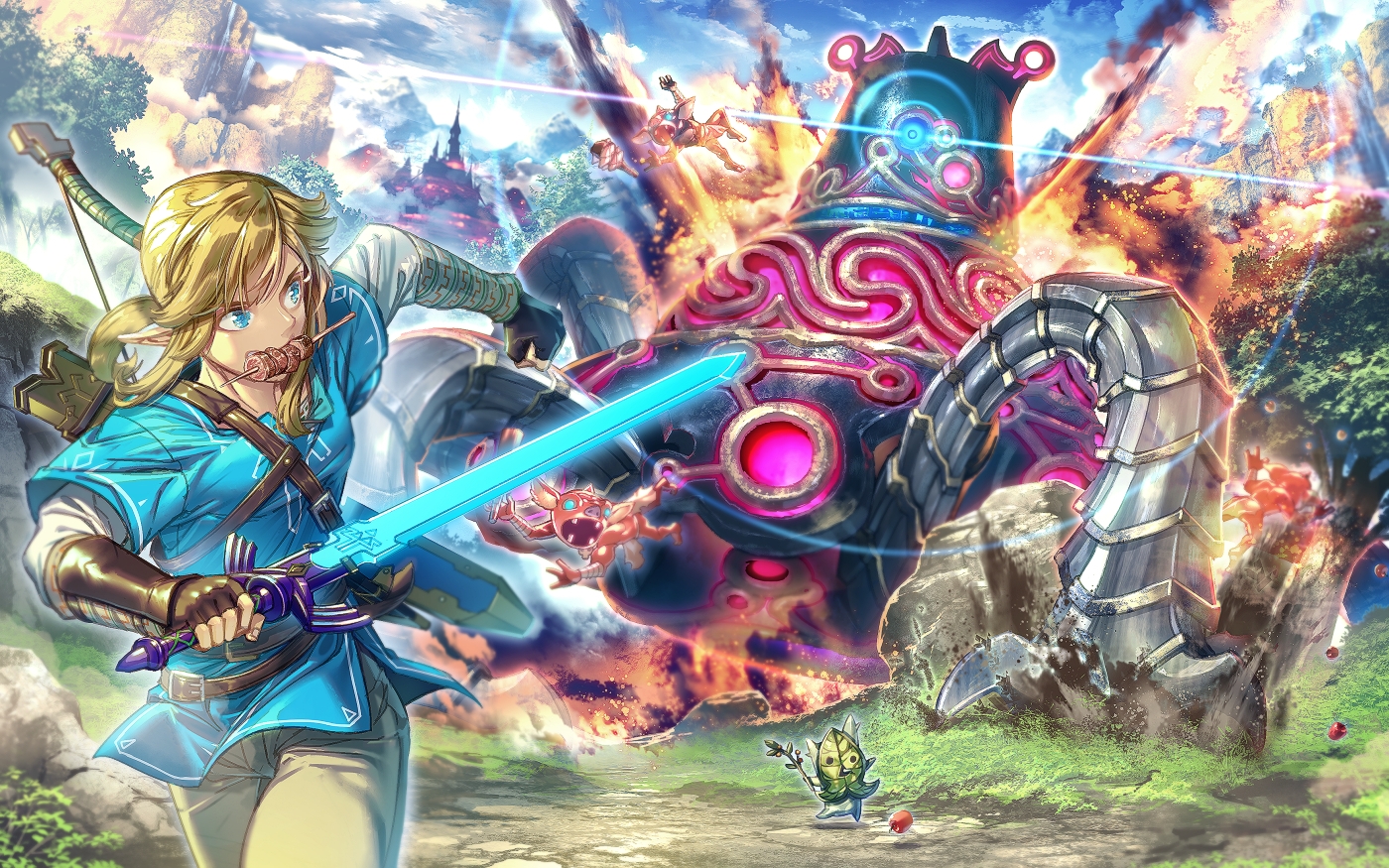 aliasing, all_male, apple, aqua_eyes, blonde_hair, bokoblin, bow_(weapon), clouds, fire, food, fruit, korok, link_(zelda), long_hair, male, pointed_ears, ponytail, robot, sky, sword, the_legend_of_zelda, tree, weapon, zounose