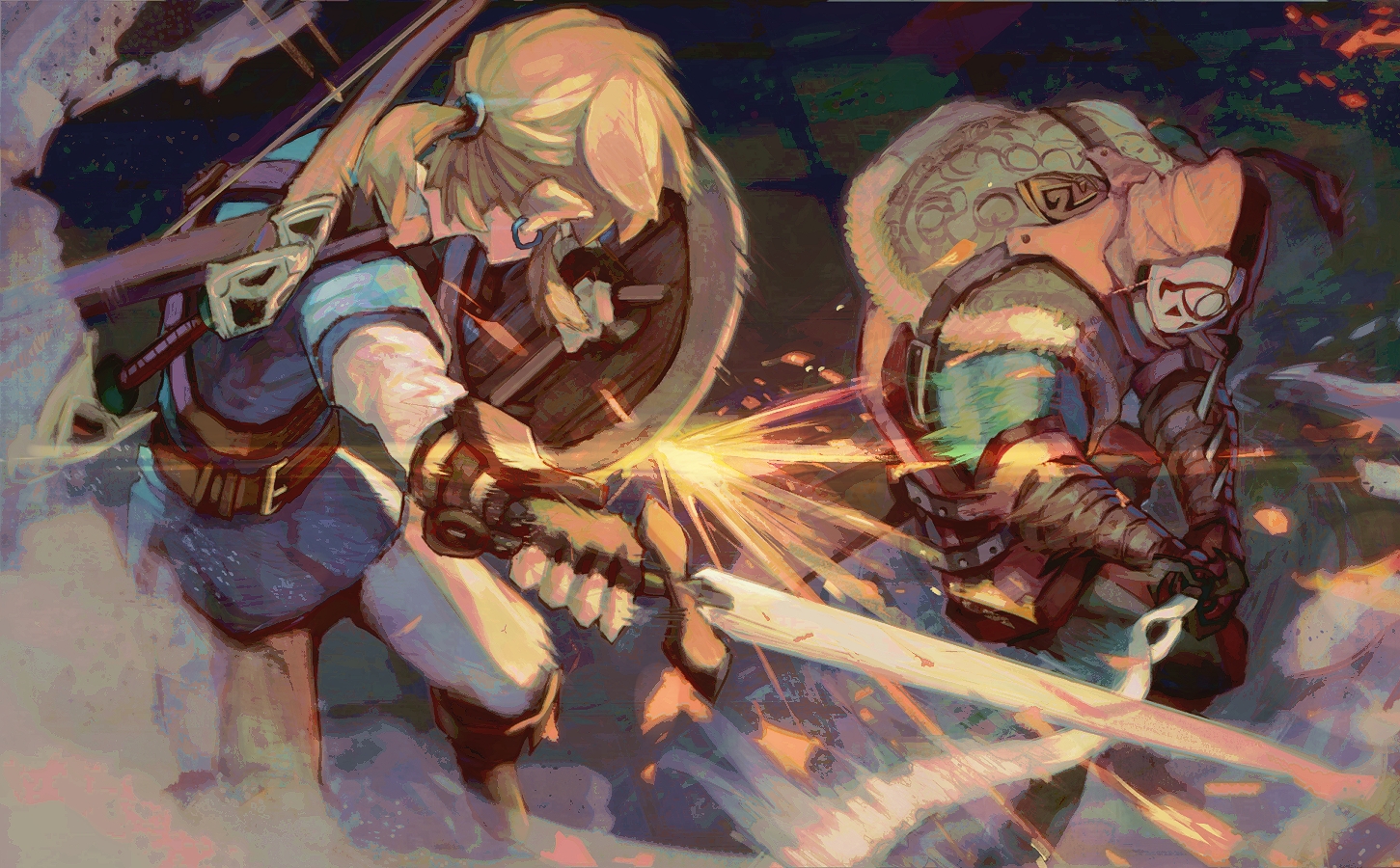 all_male, blonde_hair, boots, bow_(weapon), link_(zelda), male, mask, pointed_ears, ponytail, shiimo, sword, the_legend_of_zelda, weapon