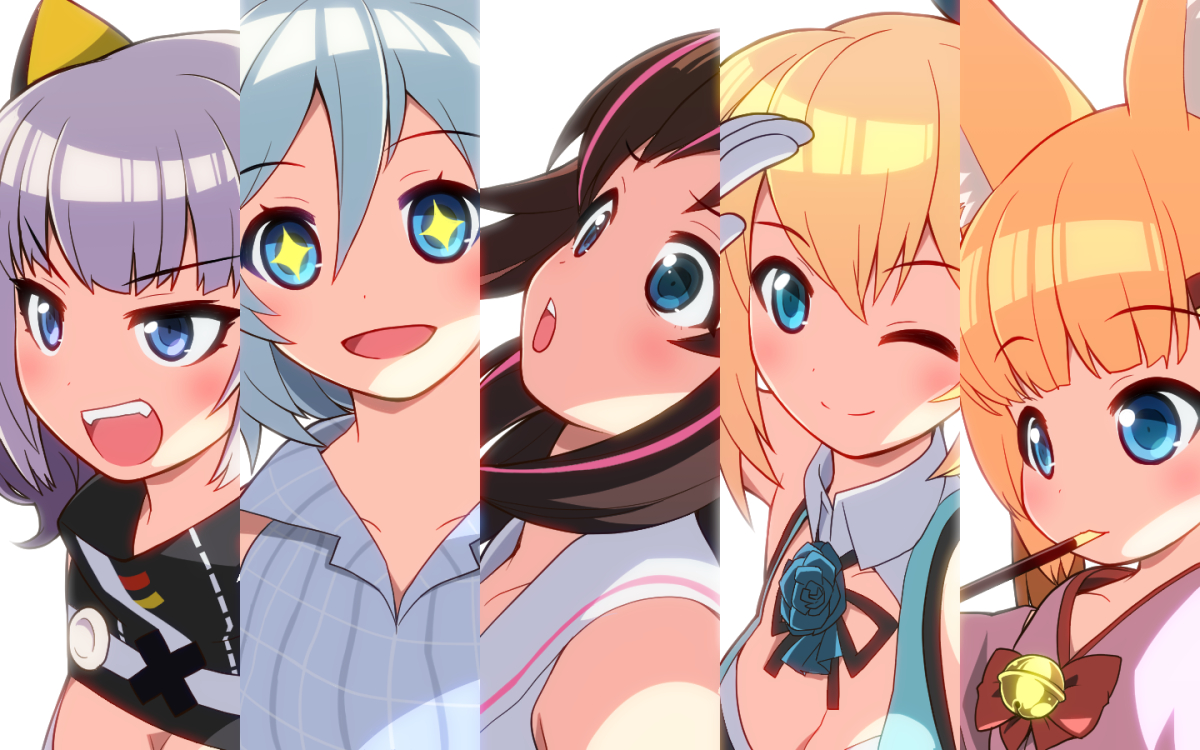 a.i._channel, animal_ears, bell, blonde_hair, blue_eyes, bow, breasts, brown_hair
