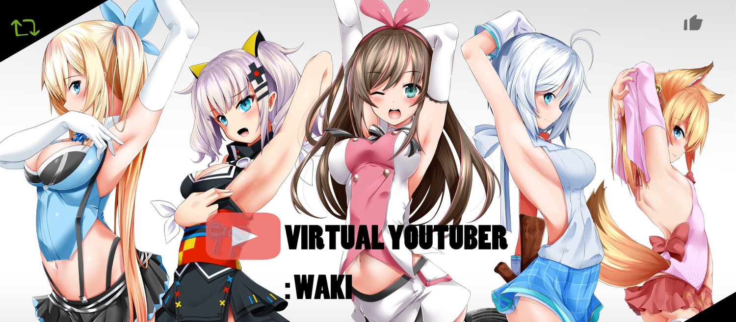 a.i._channel, animal_ears, blonde_hair, blue_eyes, blush, bow, brown_hair, crossover