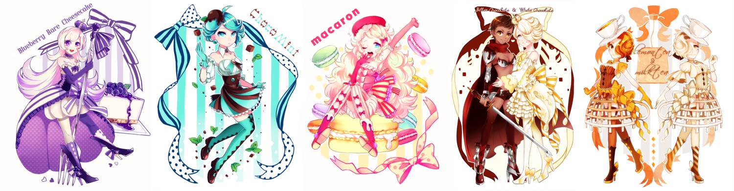 anthropomorphism, aqua_eyes, aqua_hair, blonde_hair, brown_eyes, brown_hair, cake, dark_skin, food, gray_eyes, kisaragi_yuu_(fallen_sky), original, purple_eyes, thighhighs