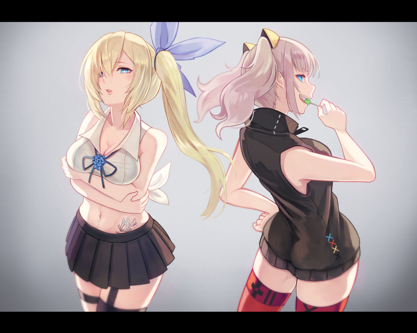 2girls, blonde_hair, blue_eyes, brat, breasts, candy, cleavage, crossover