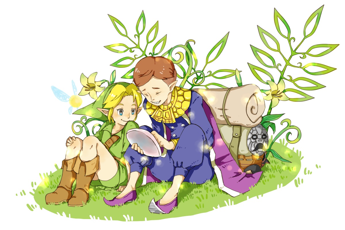 all_male, aqua_eyes, blonde_hair, boots, brown_hair, cape, fairy, flowers, guppy-kurisutaru, happy_mask_salesman, hat, link_(zelda), male, mask, pointed_ears, tatl, the_legend_of_zelda