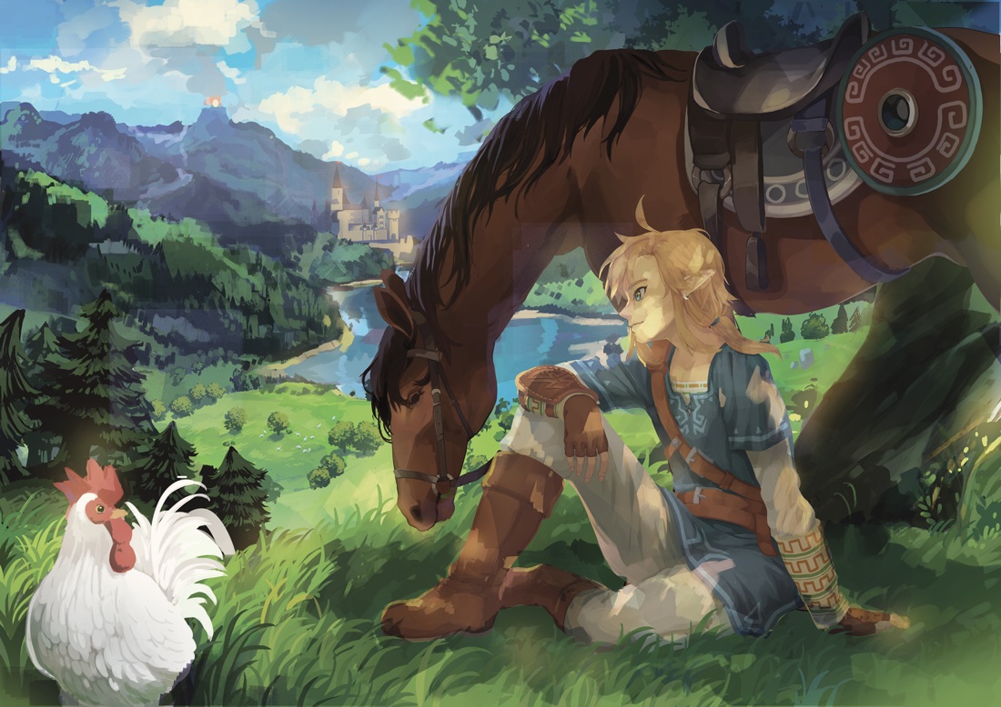 all_male, animal, aqua_eyes, bird, blonde_hair, boots, building, epona