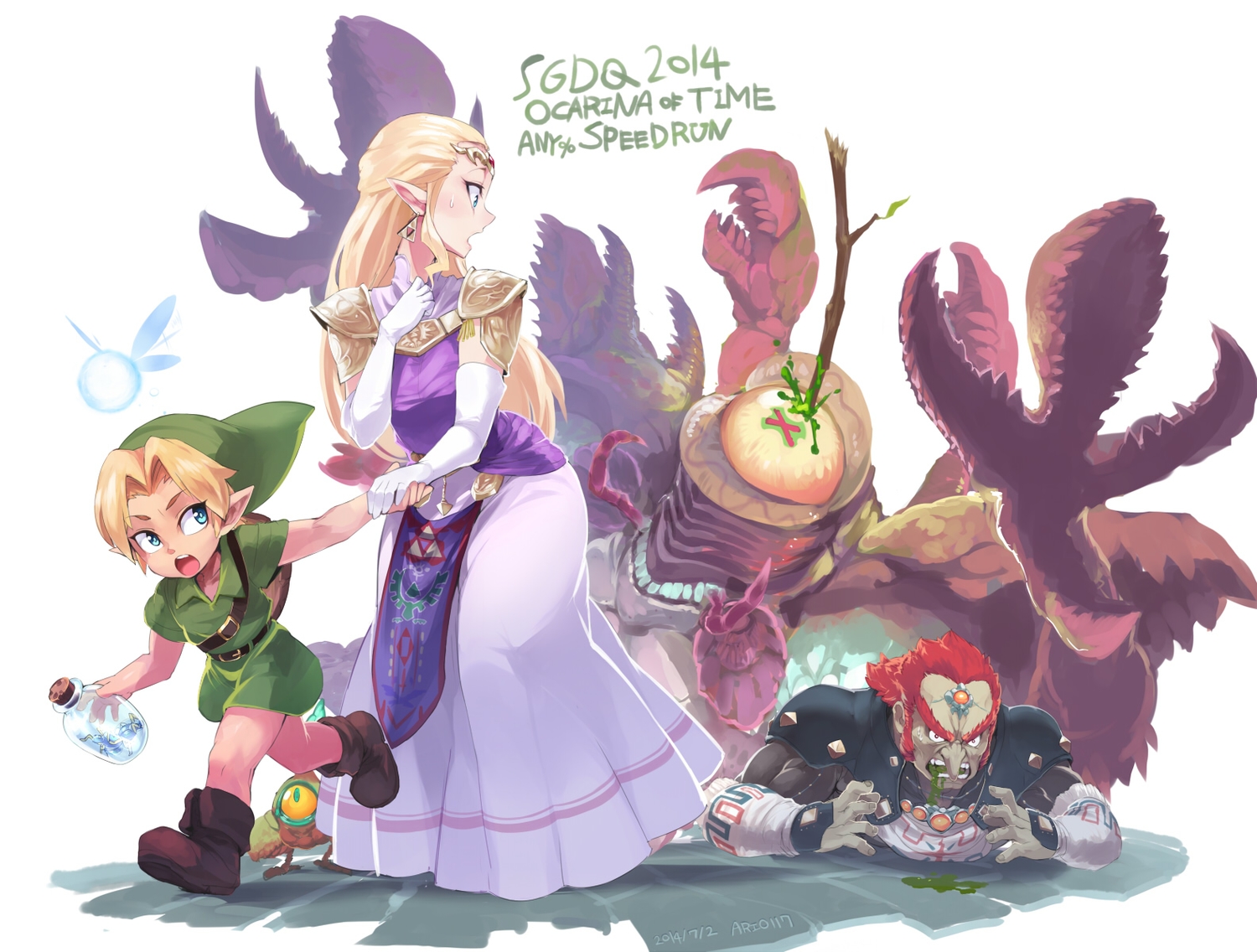 aqua_eyes, ario, armor, blonde_hair, boots, dress, fairy, ganondorf