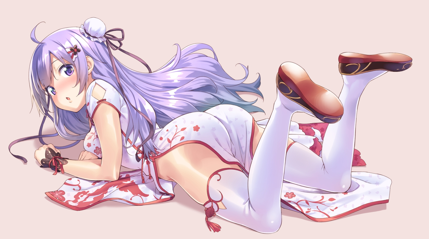 anthropomorphism, ass, azur_lane, blush, chinese_clothes, chinese_dress, dress, long_hair, purple_eyes, purple_hair, ribbons, tenkuu_nozora, thighhighs, unicorn_(azur_lane), white, wristwear