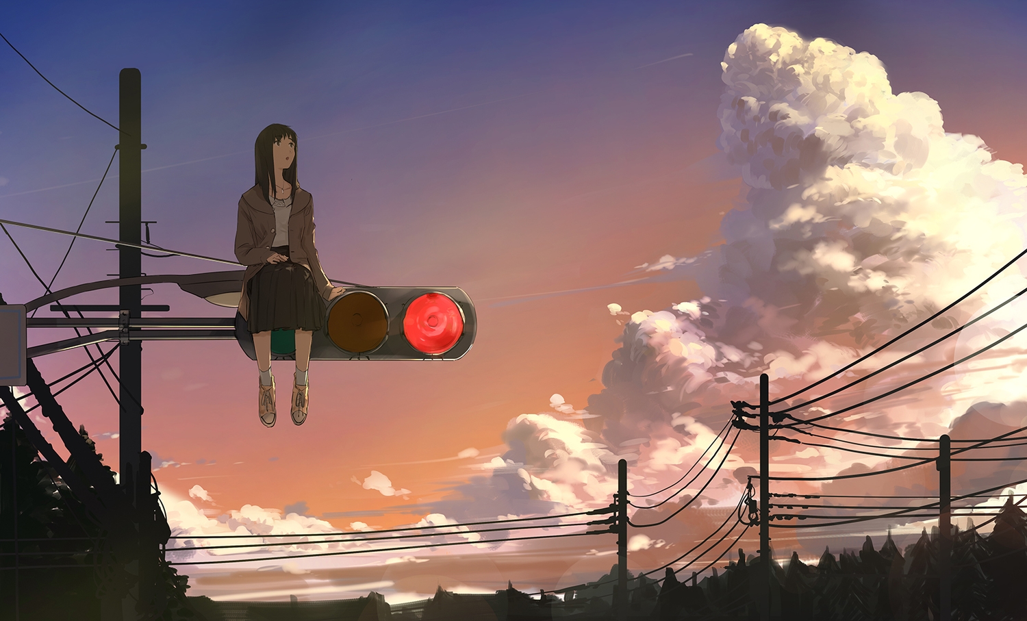 brown_eyes, brown_hair, clouds, long_hair, necklace, original, scenic, skirt, sky, somehira_katsu, sunset