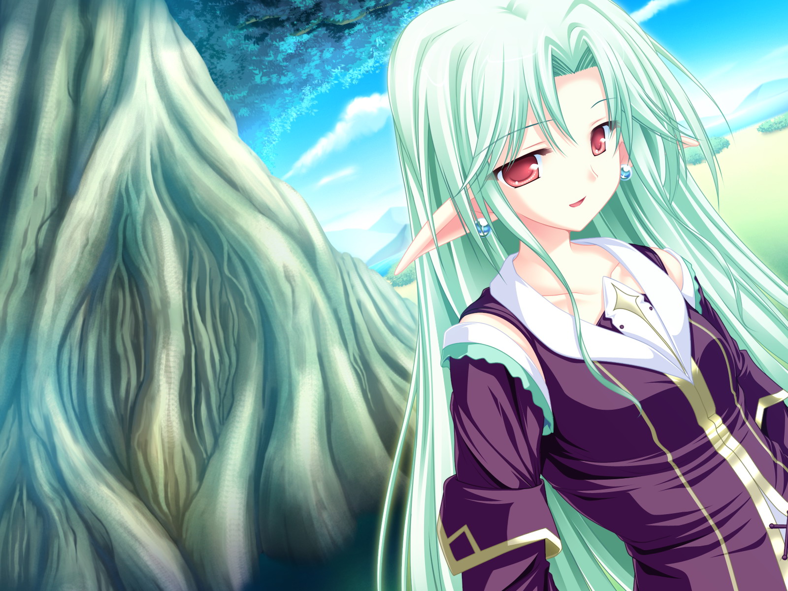 cecile_absentia, game_cg, green_hair, long_hair, magus_tale, pointed_ears, red_eyes, tenmaso, whirlpool