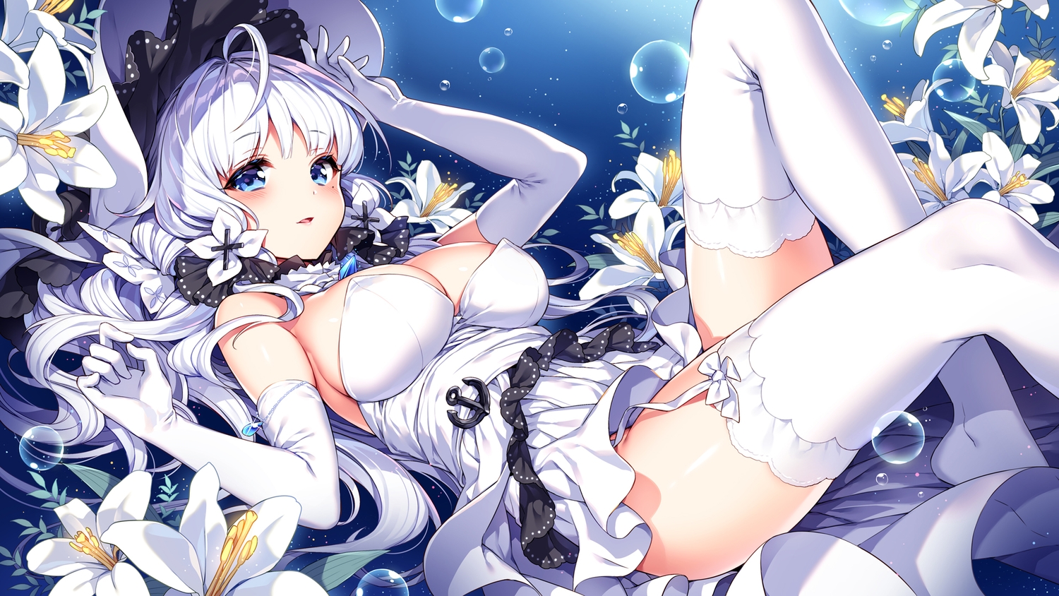 anthropomorphism, aqua_eyes, azur_lane, blush, bow, breasts, bubbles, elbow_gloves