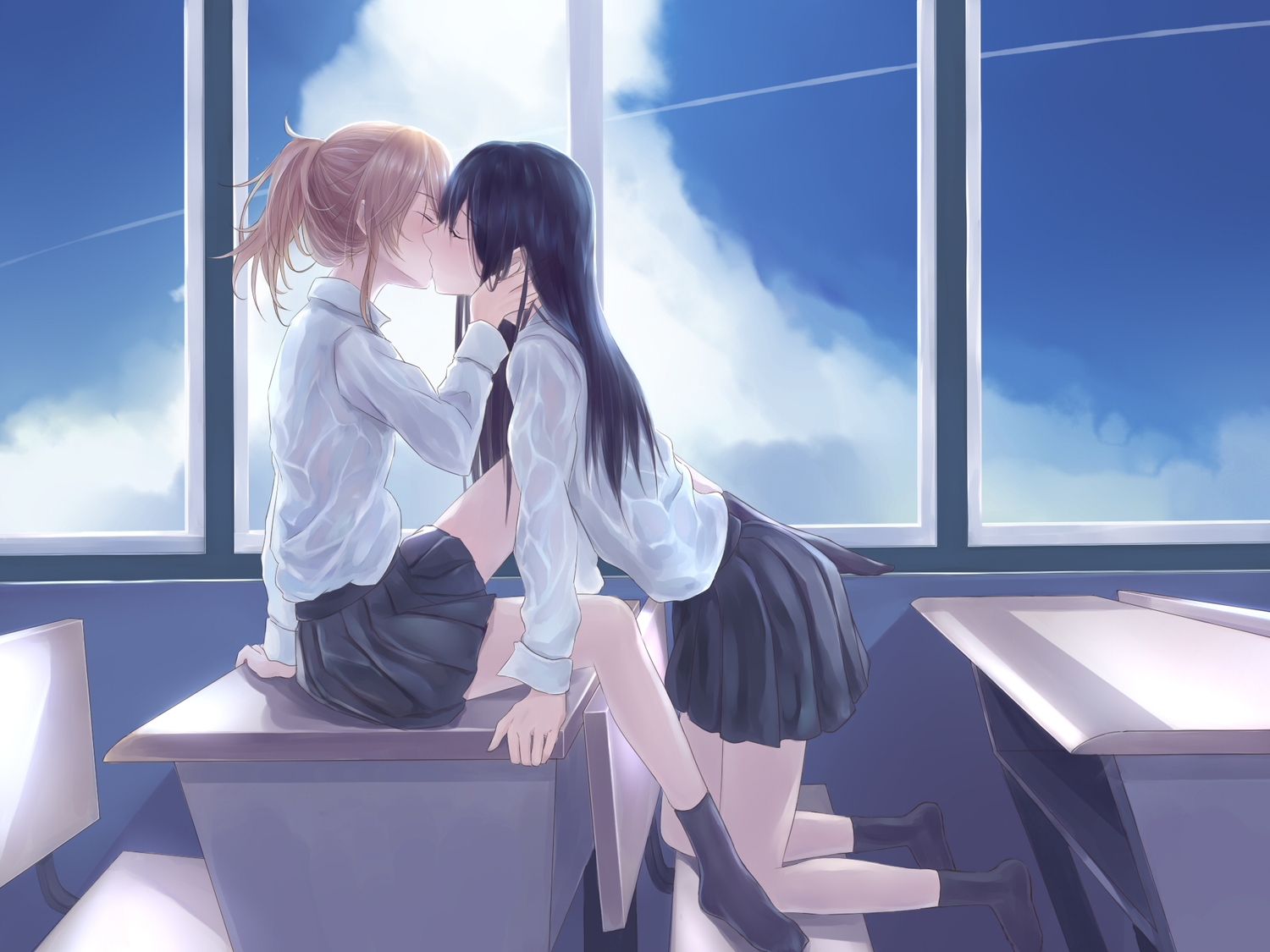 2girls, aihara_mei, aihara_yuzu_(citrus), black_hair, blonde_hair, citrus_(saburouta), clouds, kiss, long_hair, ponytail, school_uniform, shigatsu, shirt, skirt, sky, socks