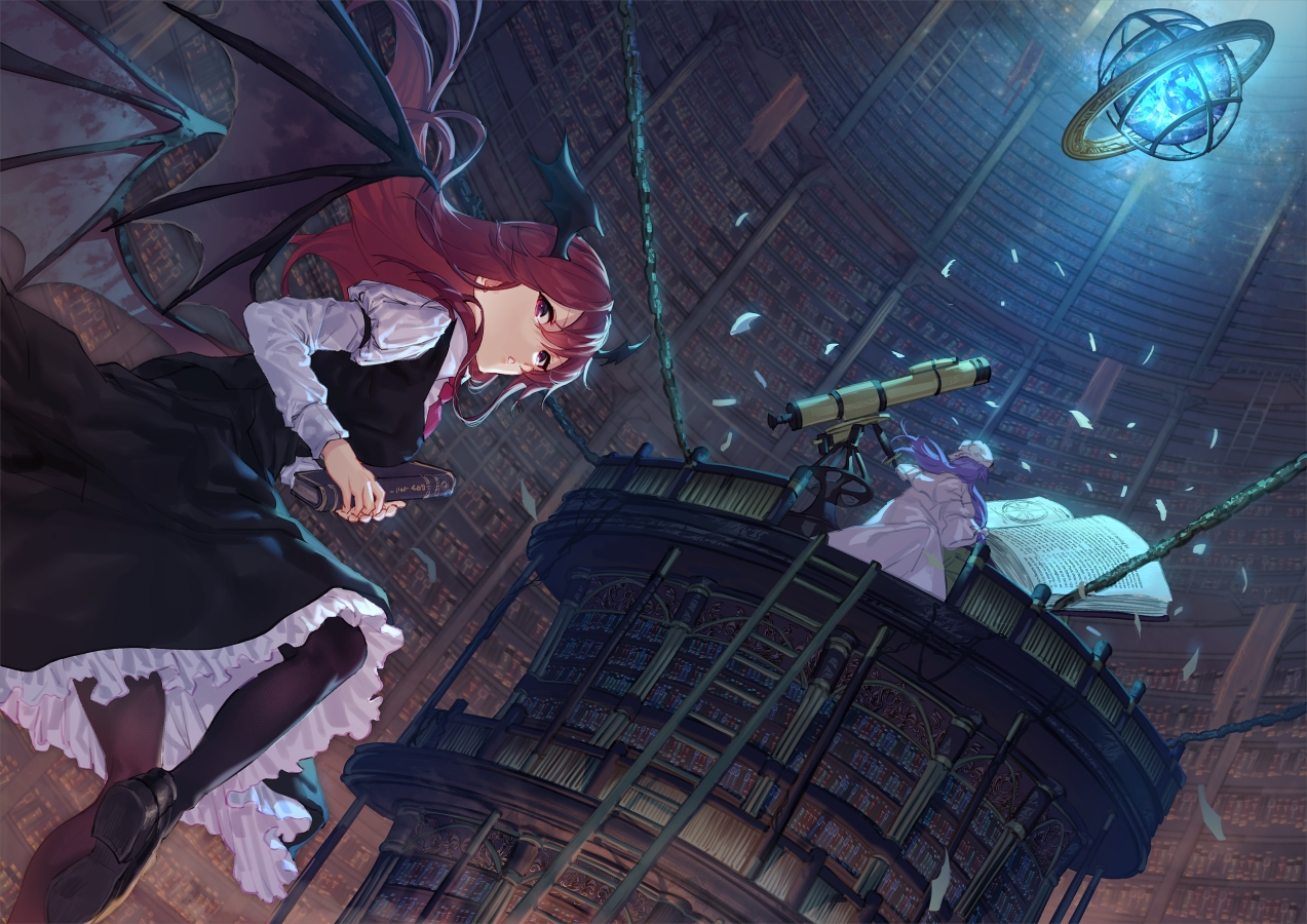 2girls, book, demon, dress, hat, koakuma, long_hair, pantyhose