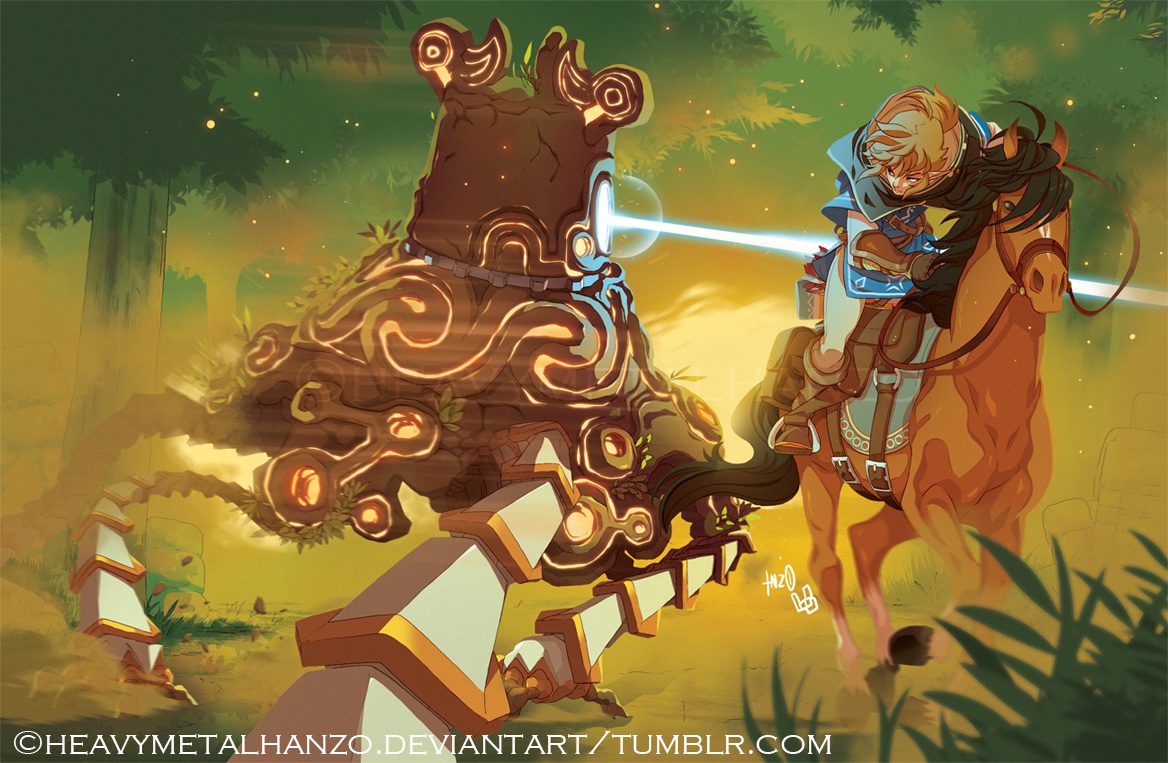 all_male, animal, blonde_hair, epona, fire, forest, gloves, grass