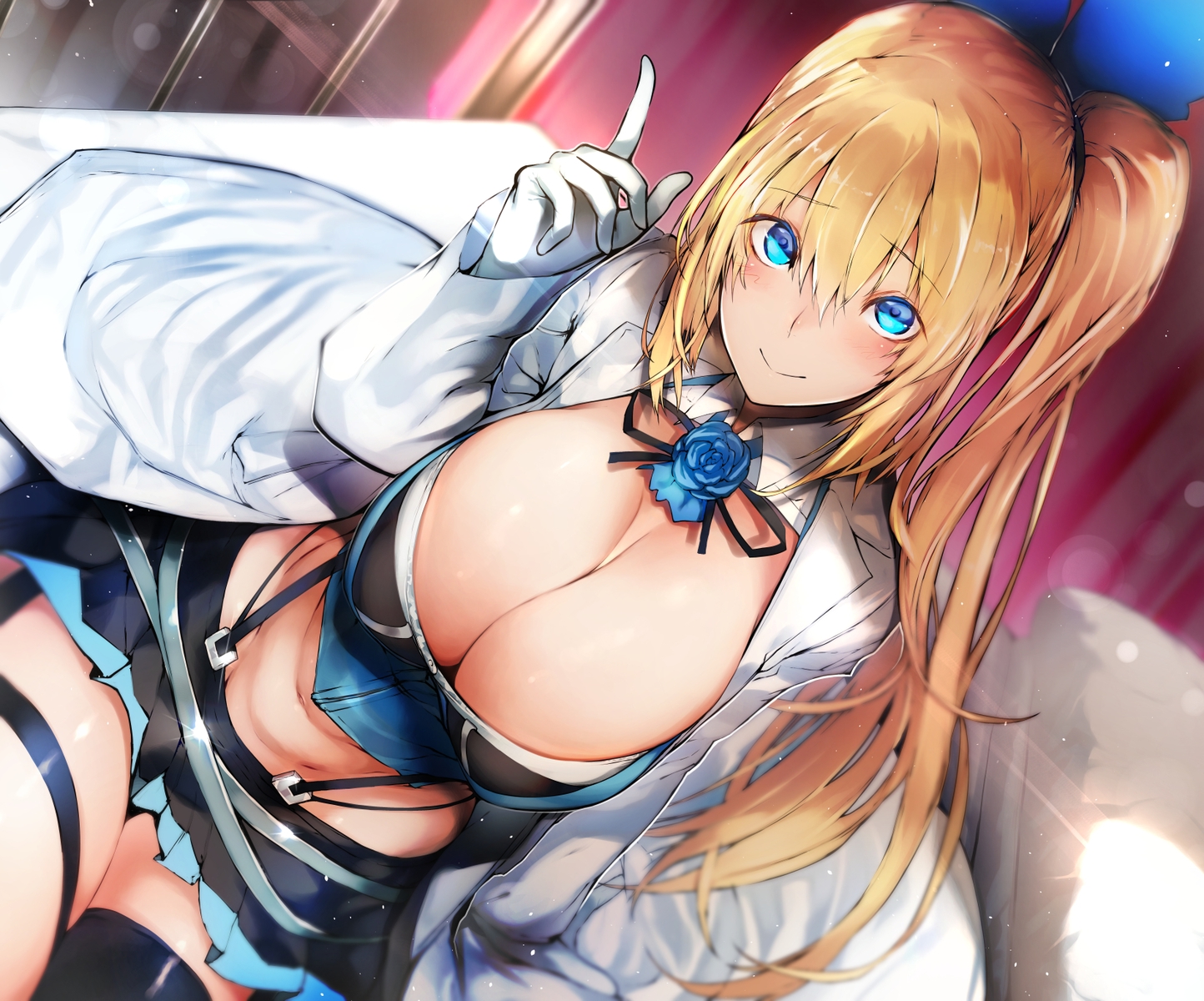 aqua_eyes, blonde_hair, blush, breasts, cleavage, gloves, long_hair, mirai_akari, mirai_akari_project, navel, nishiide_kengorou, ponytail, skirt, thighhighs