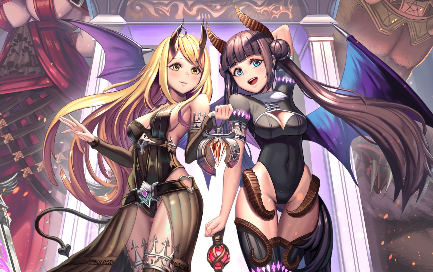 aqua_eyes, blonde_hair, breasts, brown_hair, cleavage, demon, group, horns, long_hair, moonandmist, original, tail, wings, yellow_eyes