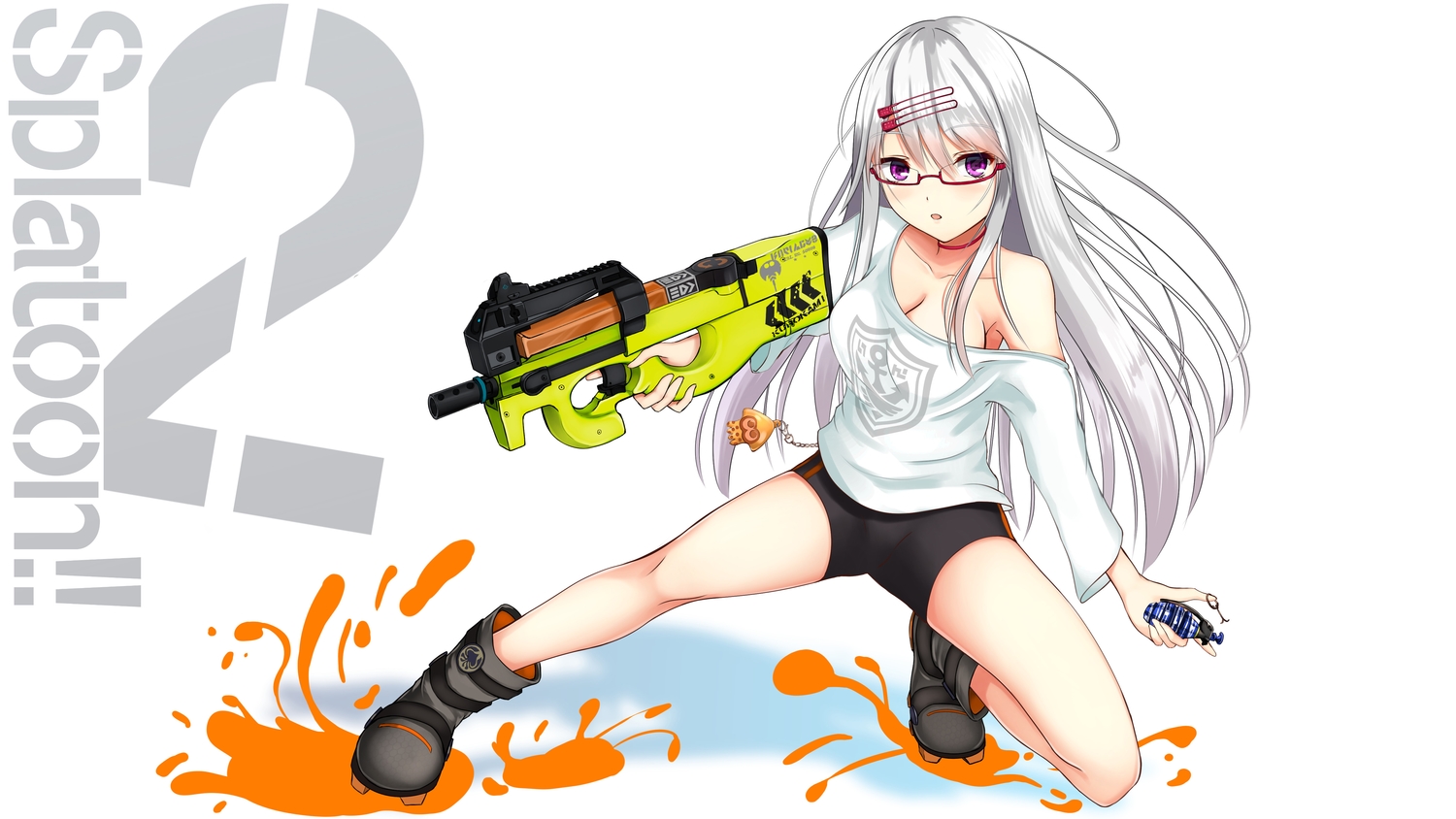 aliasing, bike_shorts, blush, breasts, cleavage, glasses, gray_hair, kurokami_(kurokaminohito)