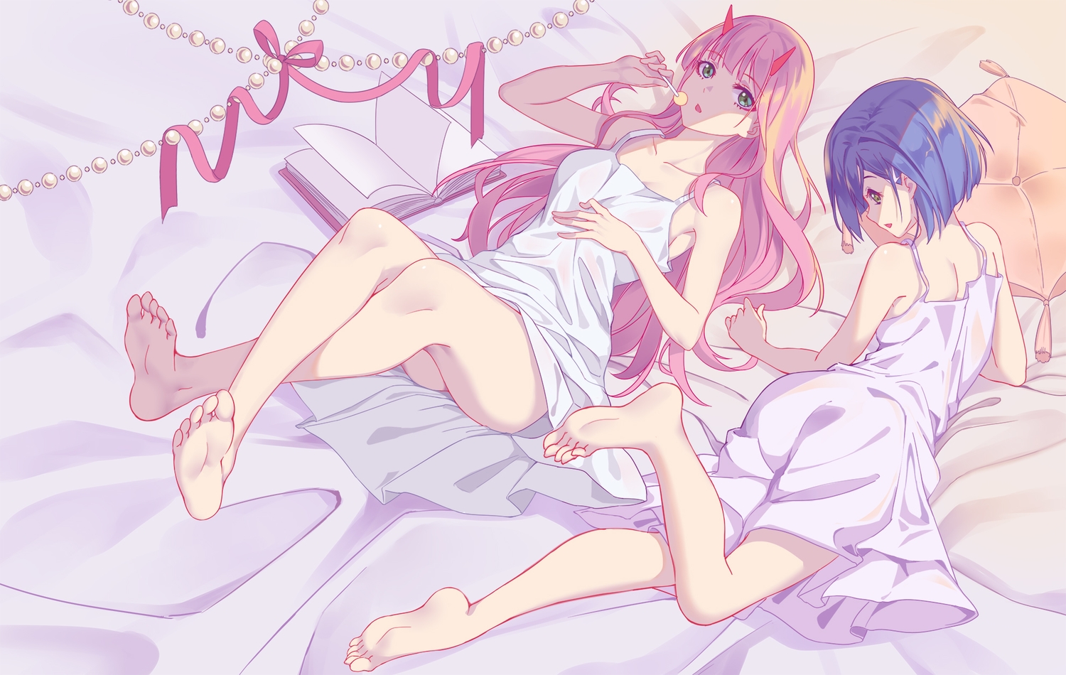 2girls, 5plus, barefoot, blue_hair, candy, darling_in_the_franxx, dress, green_eyes