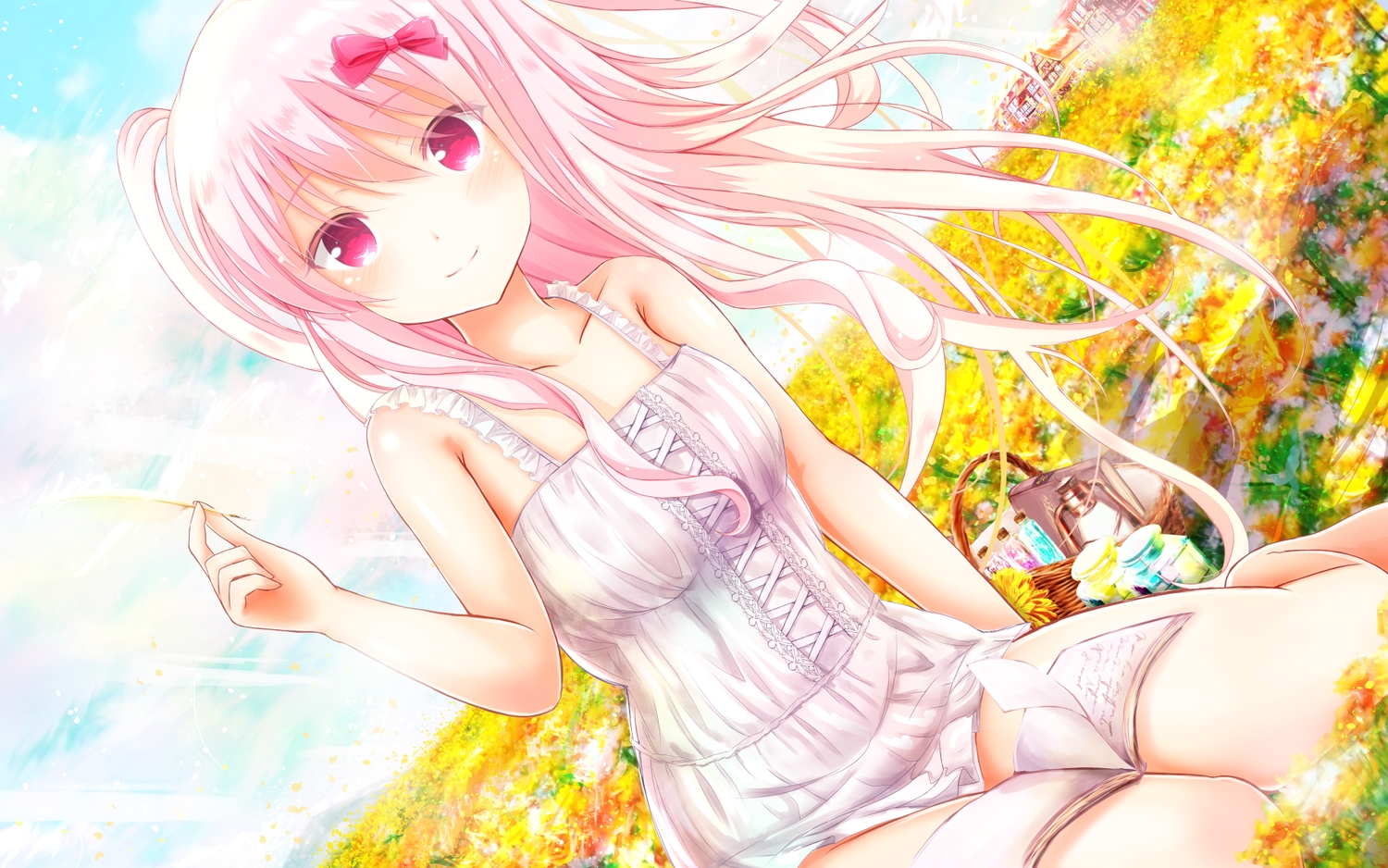 barefoot, book, bow, building, dress, flowers, girlfriend_(kari), kagami_matsuri, long_hair, masa_(mirage77), pink_eyes, pink_hair, summer_dress