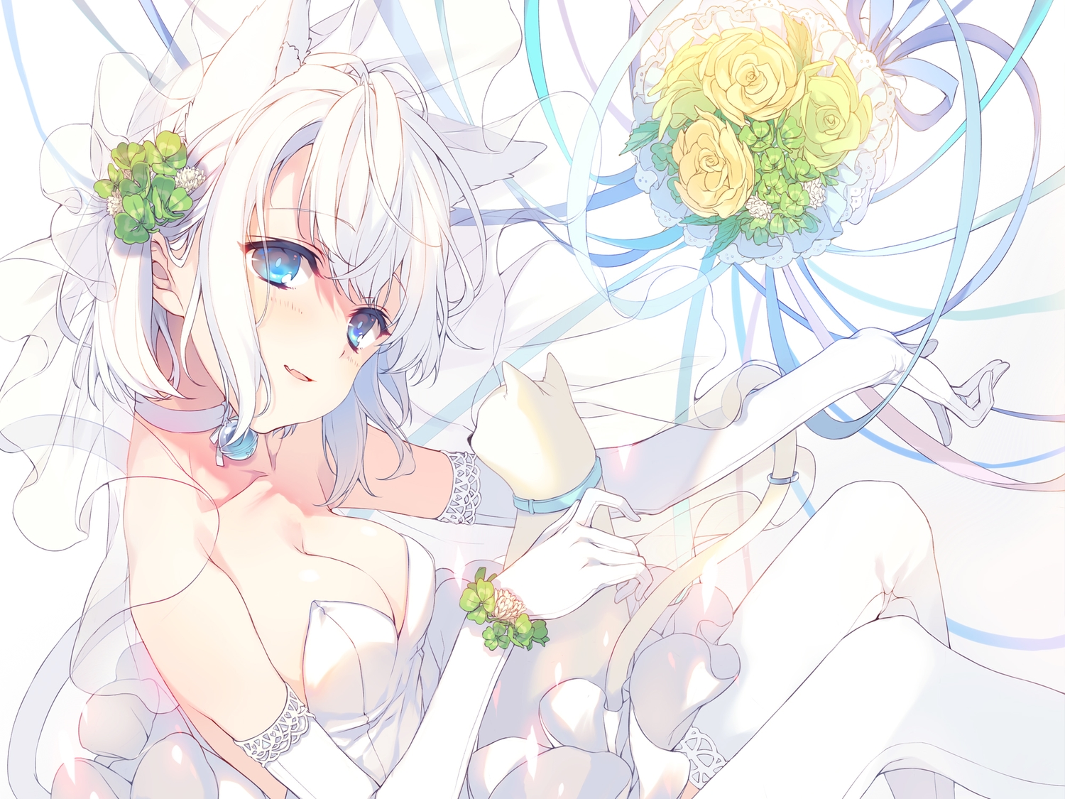 animal, animal_ears, aqua_eyes, bell, breasts, cat, catgirl, cleavage