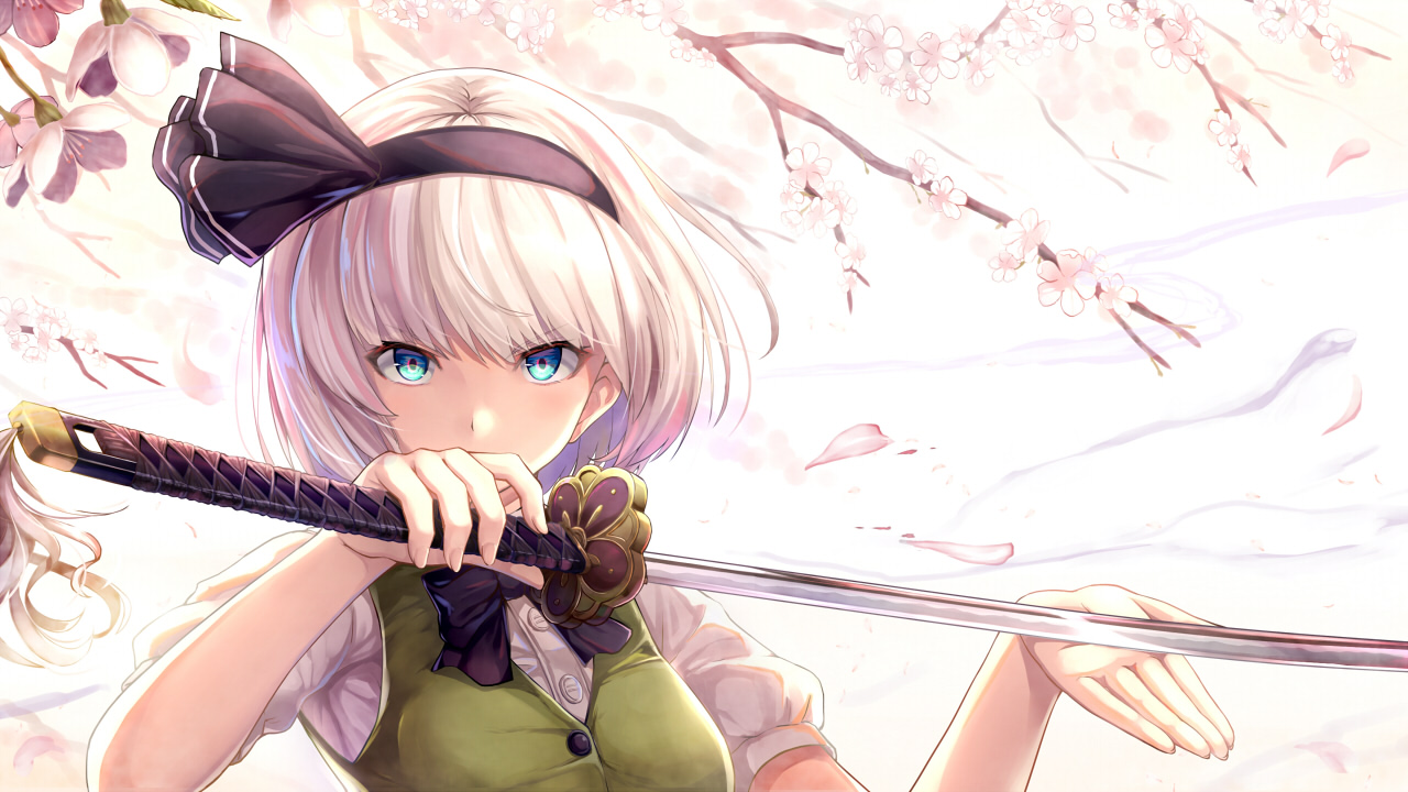 aqua_eyes, flowers, headband, konpaku_youmu, noe_noel, short_hair, sword, touhou, weapon, white_hair