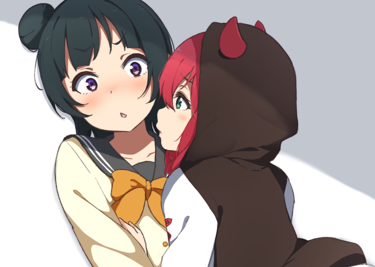 2girls, black_hair, close, green_eyes, hood, horns, icehotmilktea, kurosawa_ruby, long_hair, love_live!_school_idol_project, love_live!_sunshine!!, purple_eyes, red_hair, school_uniform, short_hair, shoujo_ai, tsushima_yoshiko