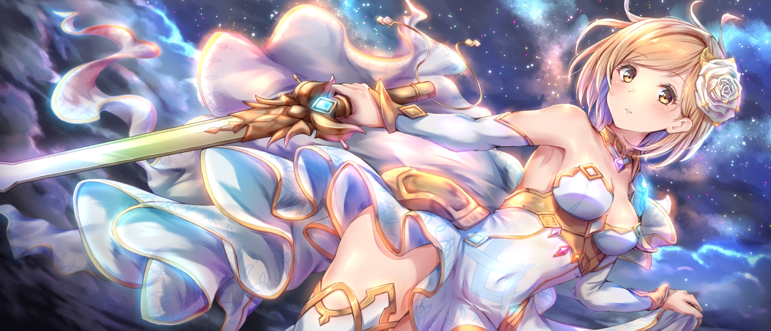 blonde_hair, breasts, cleavage, clouds, djeeta_(granblue_fantasy), dress, flowers, granblue_fantasy