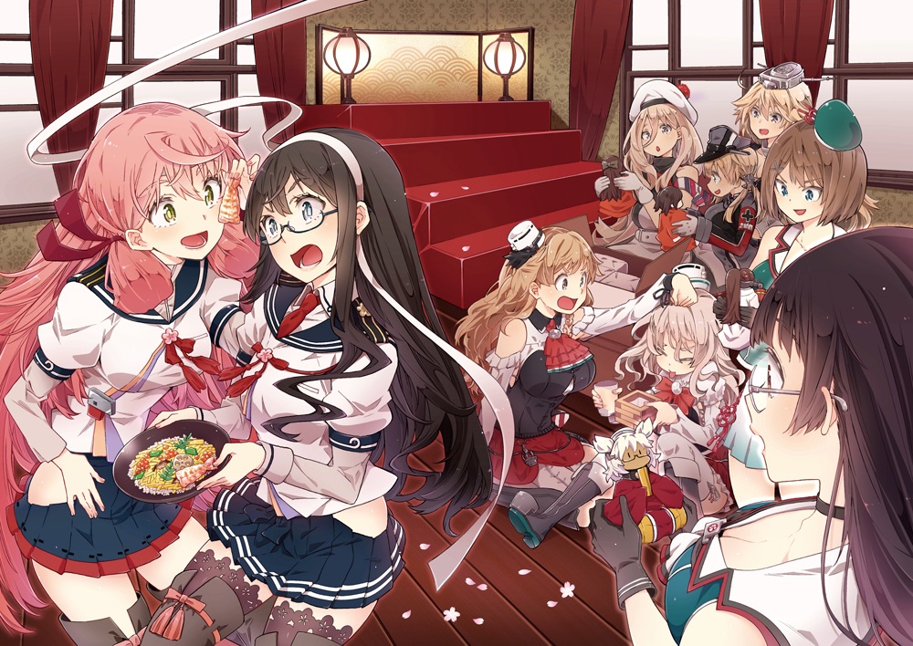 akashi_(kancolle), anthropomorphism, choukai_(kancolle), doll, food, group, iowa_(kancolle), jintsuu_(kancolle)