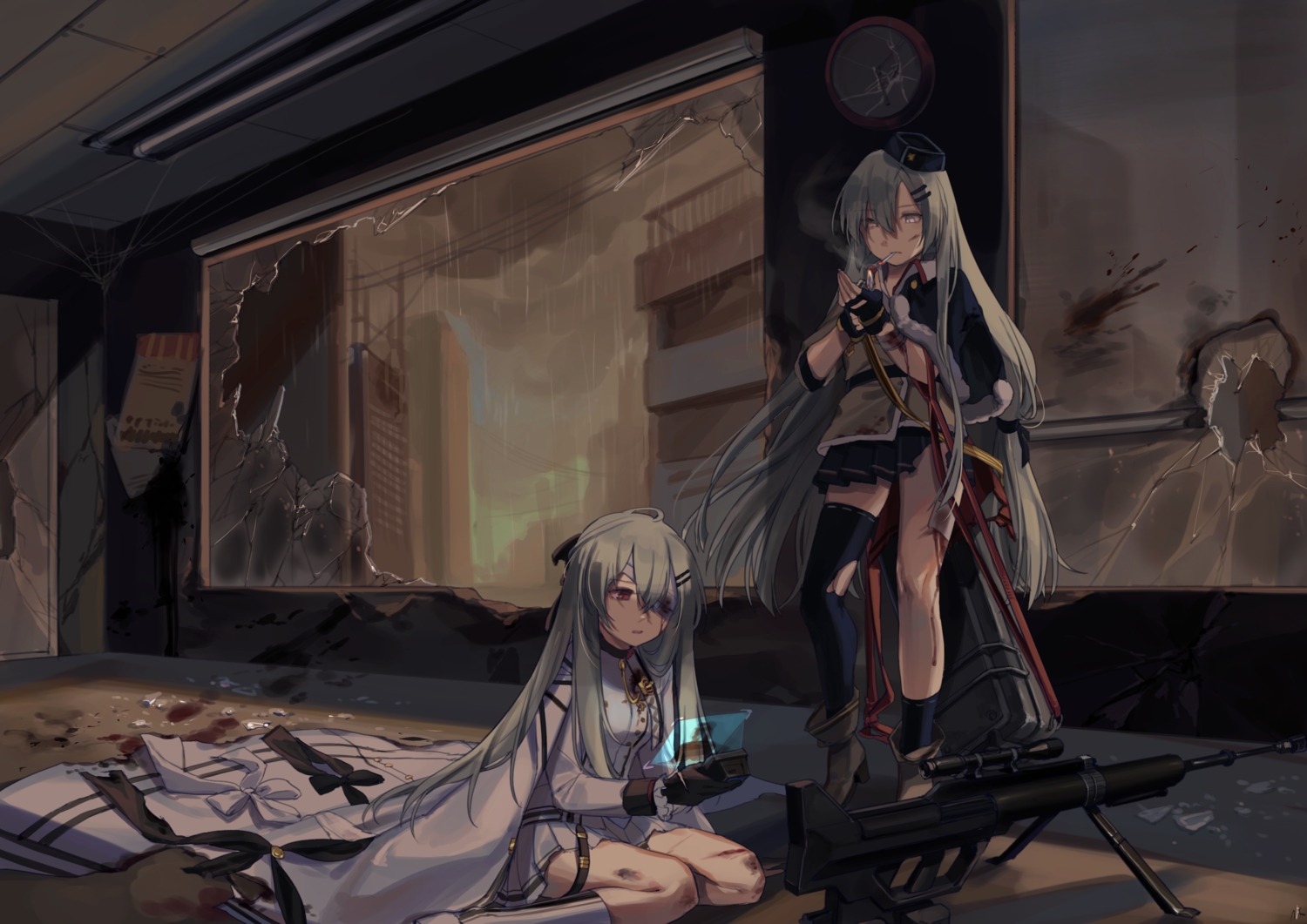 2girls, anthropomorphism, blood, building, cape, cigarette, clouds, eyepatch, girls_frontline, gloves, gray_eyes, gray_hair, gun, hat, iws-2000_(girls_frontline), long_hair, rain, red_eyes, ruins, shan, skirt, sky, smoking, svd_(girls_frontline), thighhighs, torn_clothes, uniform, water, weapon