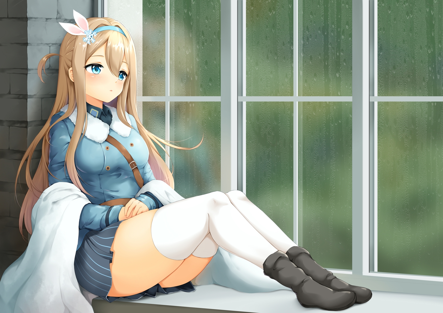 anthropomorphism, aqua_eyes, blonde_hair, bloody0rabby, boots, girls_frontline, headband, long_hair, rain, suomi_(girls_frontline), thighhighs, water