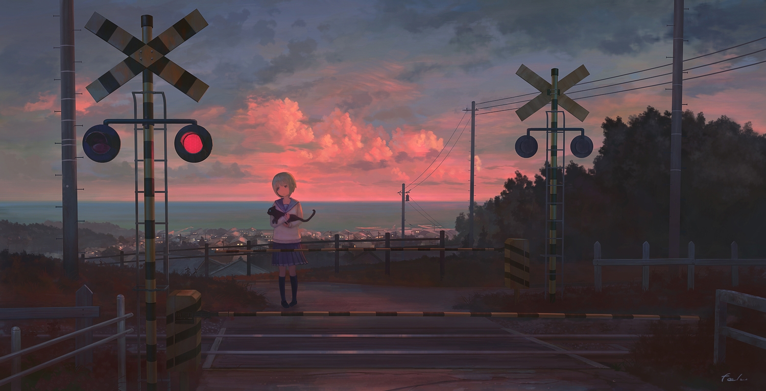 animal, blue_eyes, brown_hair, building, cat, city, clouds, feel_(nasitaki)