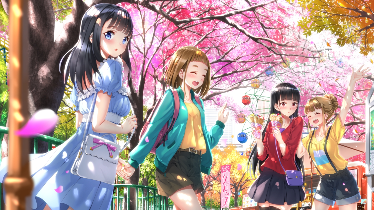 black_hair, blue_eyes, brown_hair, cherry_blossoms, dress, flowers, food, group