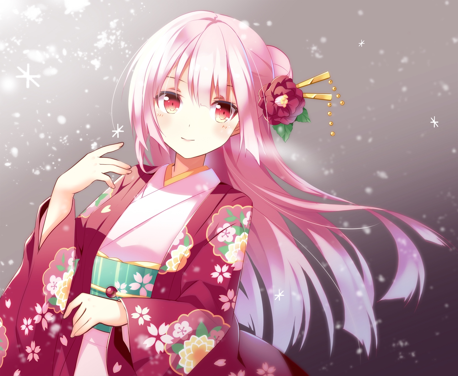 gradient, japanese_clothes, kimono, long_hair, original, pink_eyes, pink_hair, shiro_kuma_shake, snow
