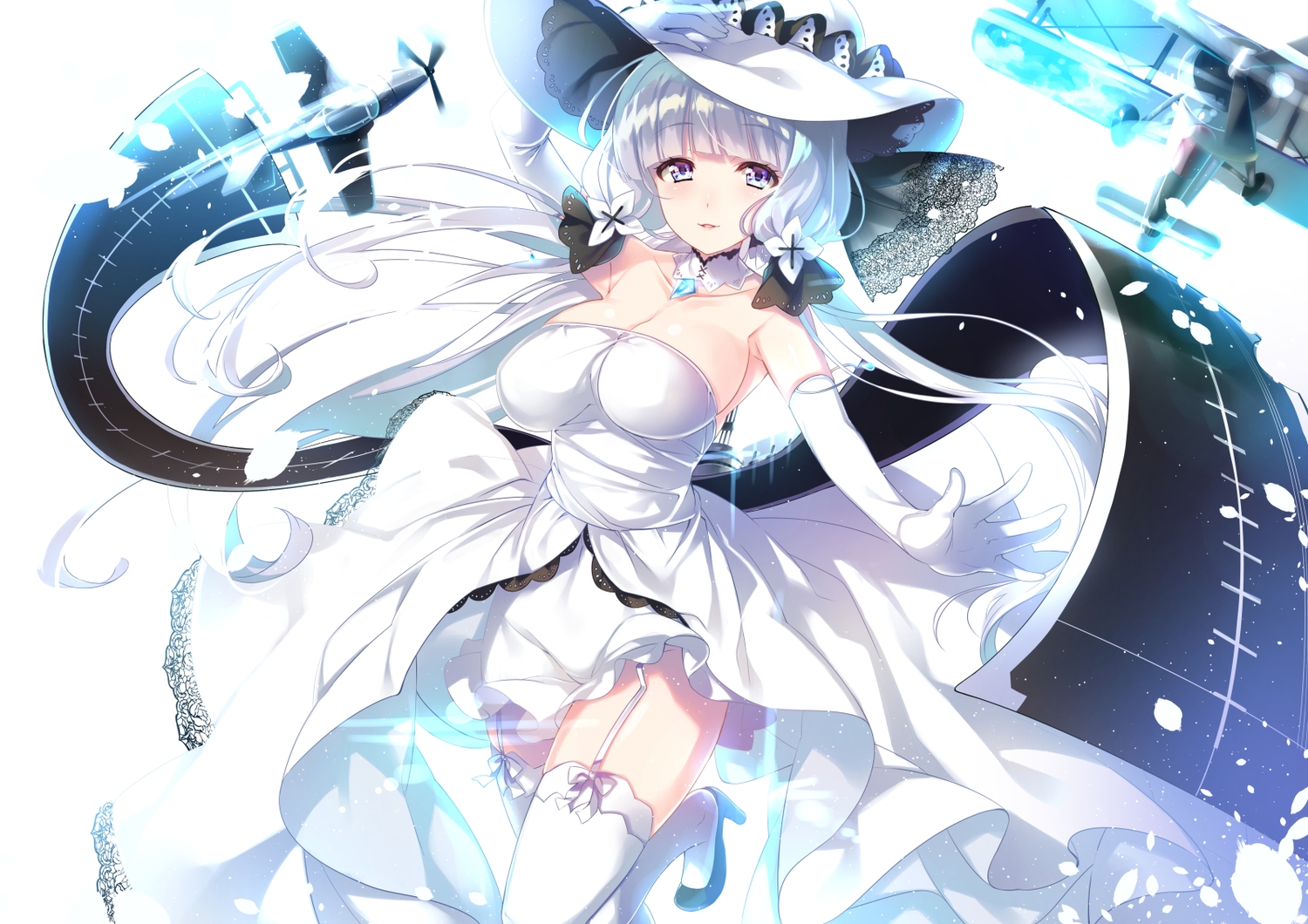aircraft, anthropomorphism, azur_lane, breasts, cleavage, elbow_gloves, garter_belt, gloves, hat, illustrious_(azur_lane), long_hair, mayuzaki_yuu, stockings, thighhighs, white_hair