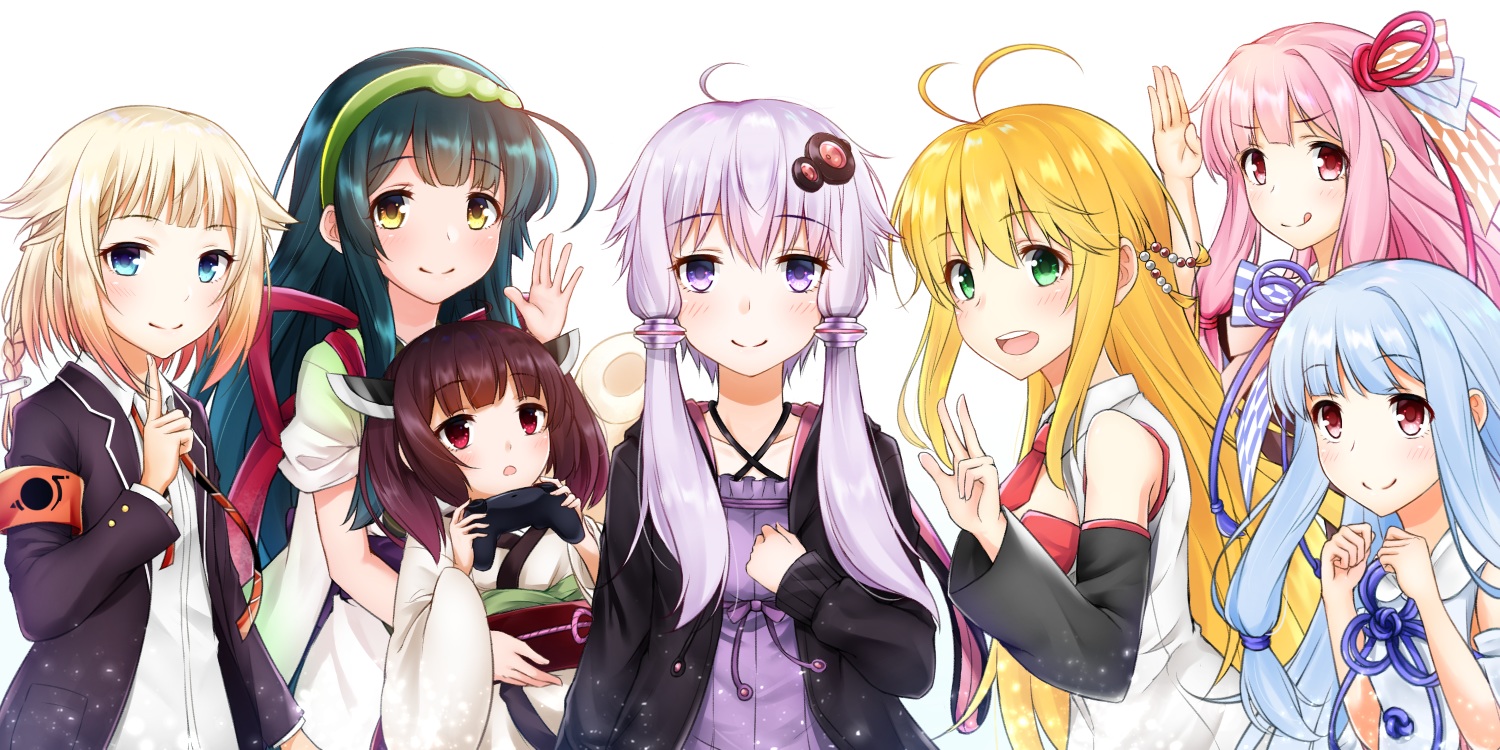 aqua_eyes, blonde_hair, blue_hair, braids, brown_hair, cevio, game_console, green_eyes