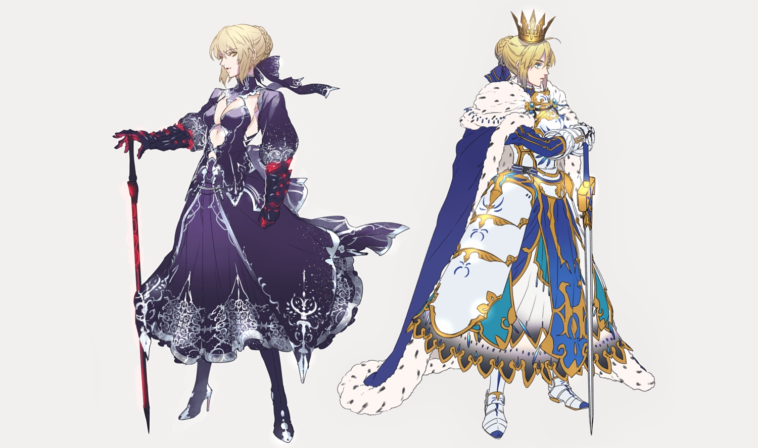 armor, artoria_pendragon_(all), blonde_hair, bow, braids, breasts, cape, cleavage, crown, dress, fate/grand_order, fate_(series), gloves, green_eyes, ribbons, saber, saber_alter, sword, tenobe, weapon, yellow_eyes