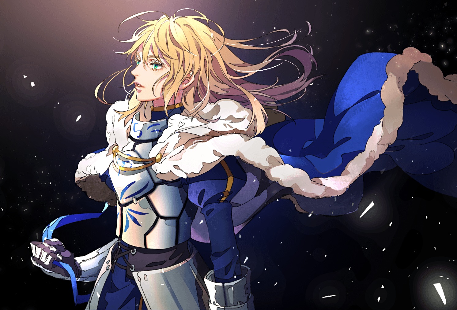 armor, artoria_pendragon_(all), blonde_hair, cape, dress, fate/grand_order, fate_(series), gloves, green_eyes, long_hair, ribbons, saber, tenobe