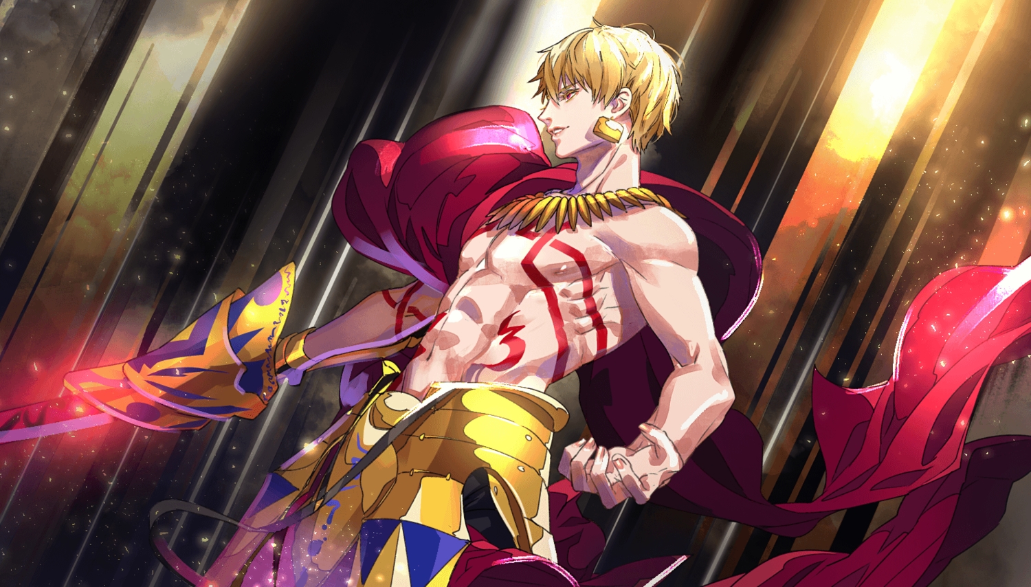 all_male, armor, blonde_hair, cape, fate/grand_order, fate_(series), gilgamesh, male, necklace, red_eyes, short_hair, sword, tattoo, tenobe, topless, weapon