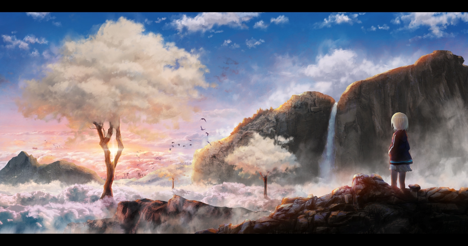 animal, bird, blonde_hair, clouds, hood, hoshimiya_aki, landscape, original