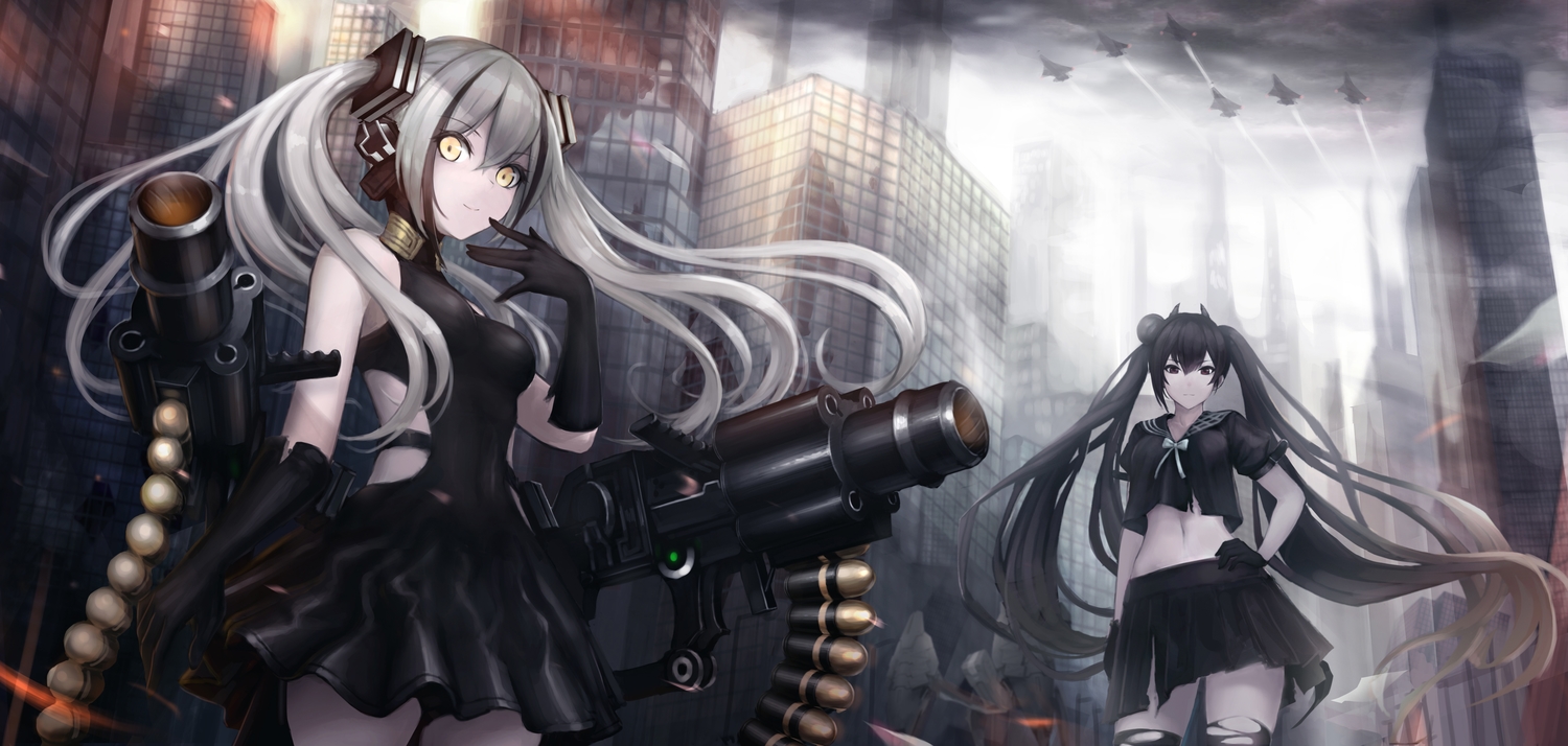 2girls, aircraft, black_eyes, black_hair, building, city, clouds, destroyer_(girls_frontline)