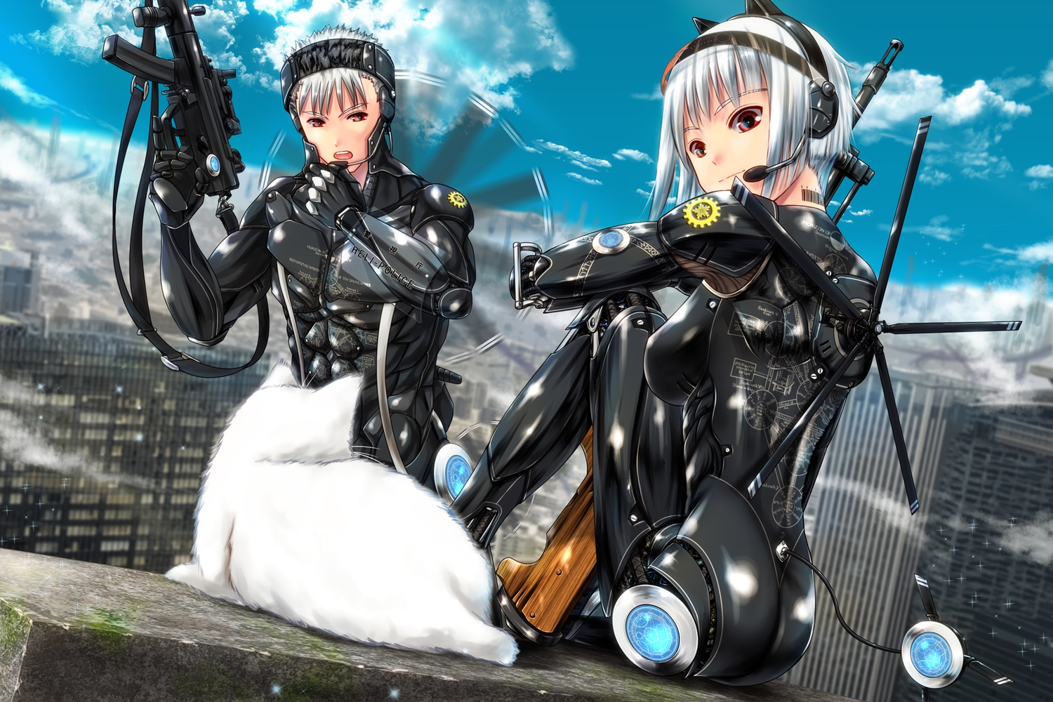 animal, ano_hito, building, cat, city, clouds, gun, headphones