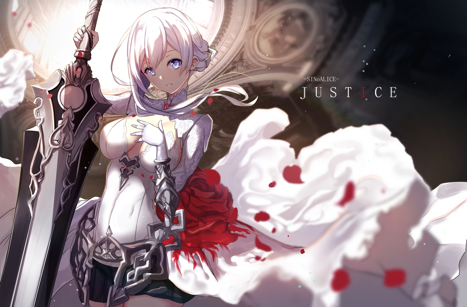 armor, blue_eyes, breasts, cleavage, flowers, long_hair, rose, sinoalice, snow_white_(sinoalice), sword, untue, weapon, white_hair