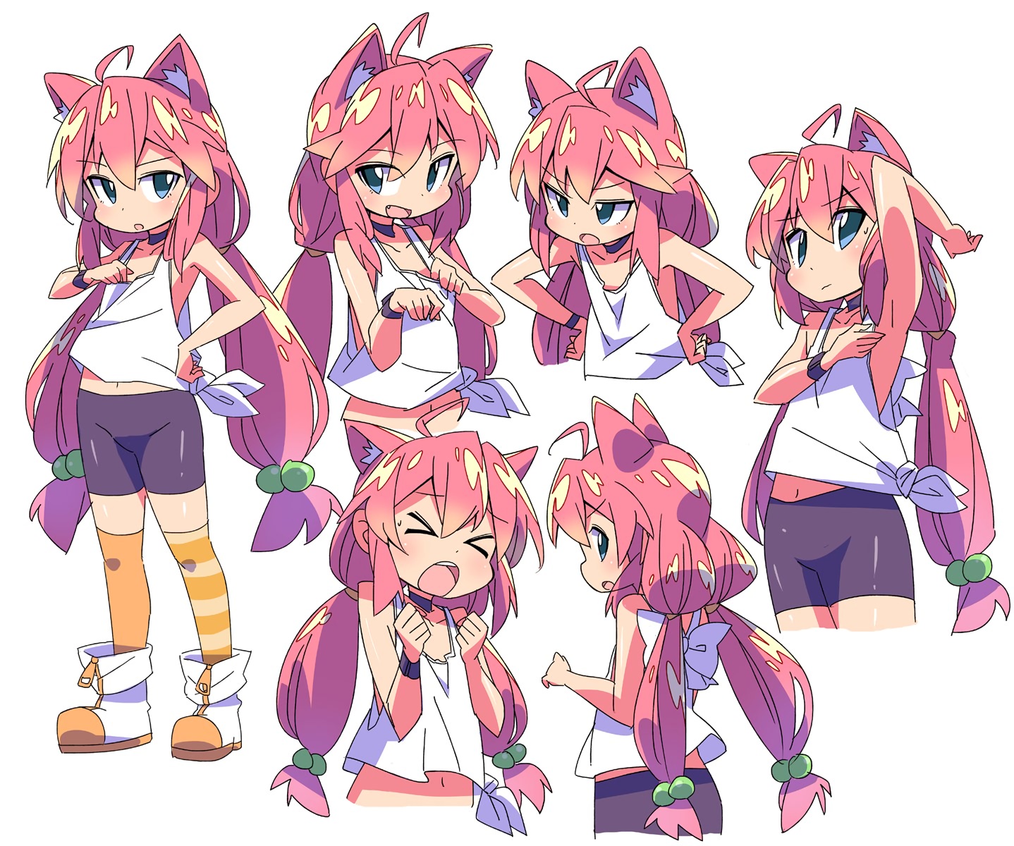 animal_ears, bike_shorts, catgirl, choker, fang, flat_chest, green_eyes, hinata_channel, loli, long_hair, navel, nekomiya_hinata, pink_hair, roku_no_hito, shorts, thighhighs, twintails, white, wristwear