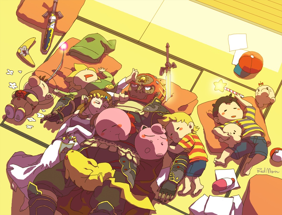 barefoot, brown_hair, dark_skin, ganondorf, group, jigglypuff, kirby, kirby_(character)