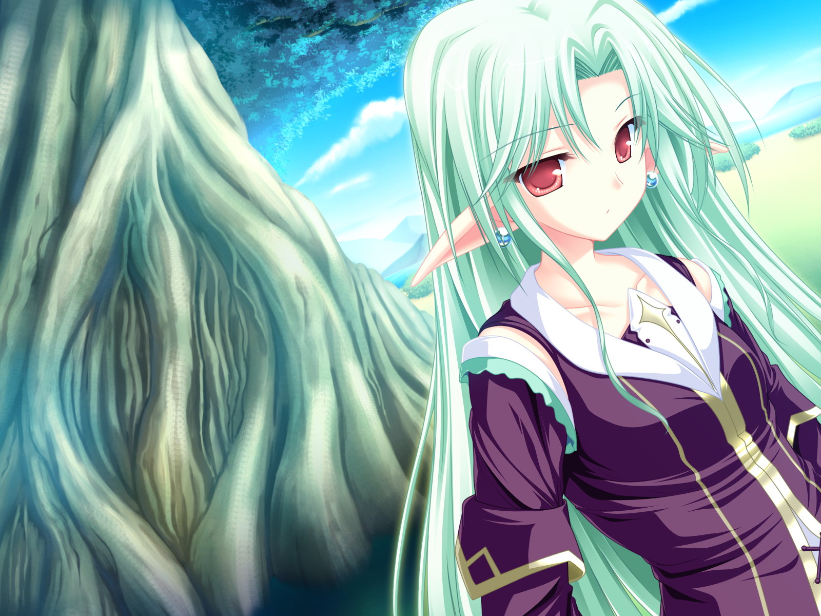 cecile_absentia, game_cg, green_hair, long_hair, magus_tale, pointed_ears, red_eyes, tenmaso, whirlpool