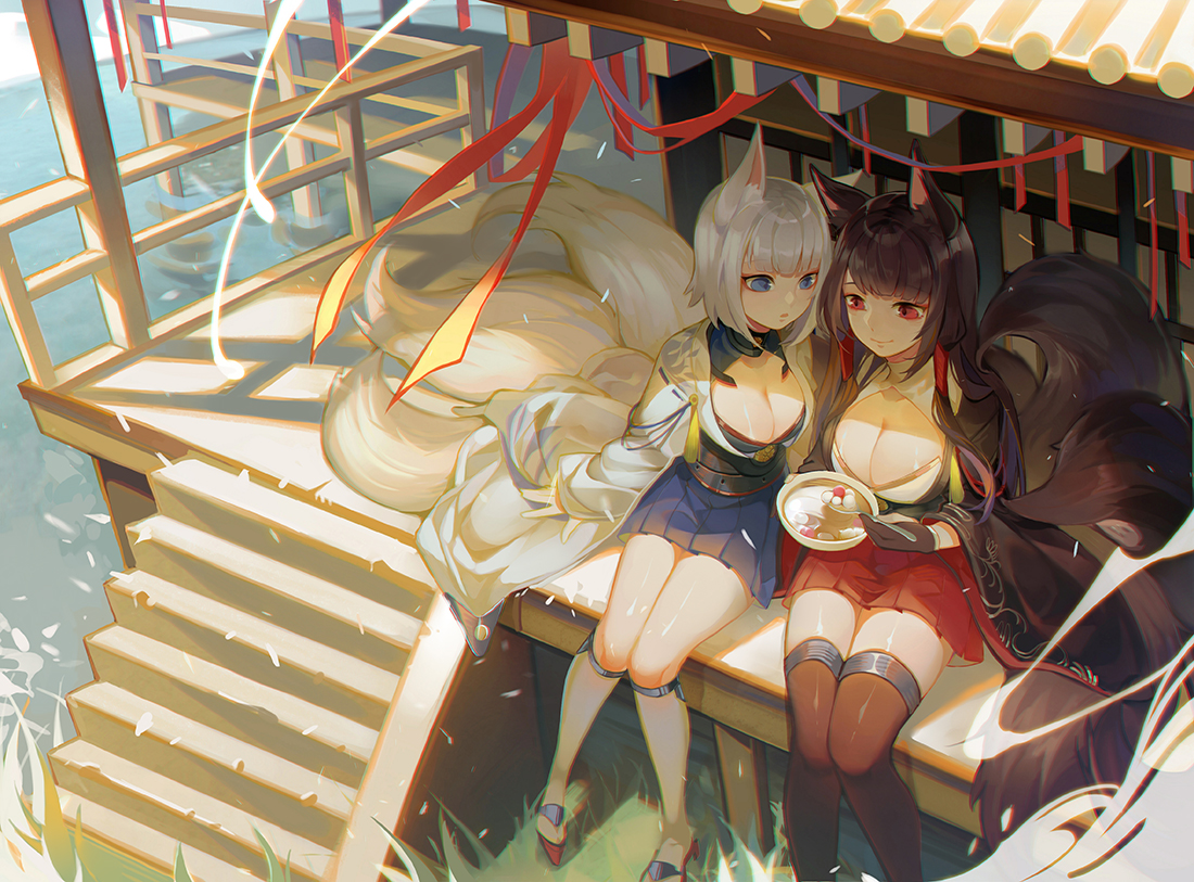 2girls, akagi_(azur_lane), animal_ears, anthropomorphism, azur_lane, breasts, cleavage, foxgirl