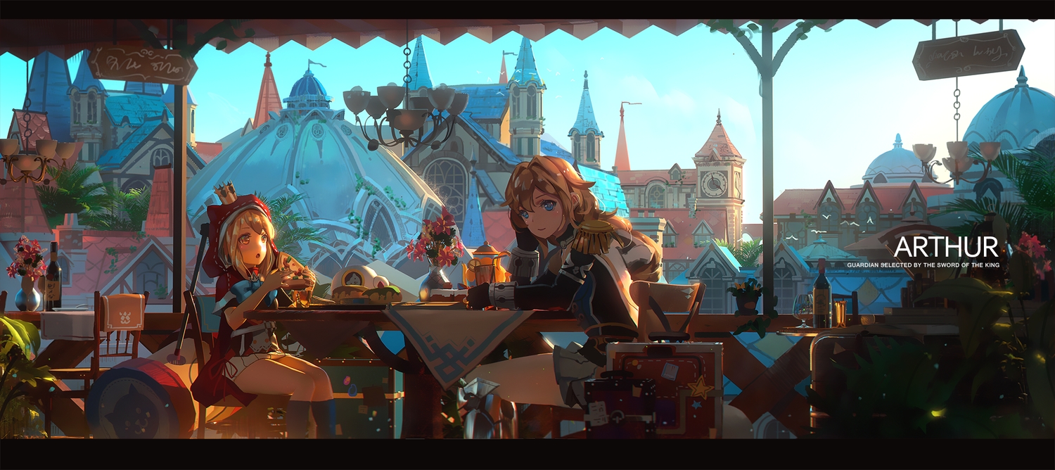 2girls, blonde_hair, blue_eyes, bow, brown_eyes, brown_hair, building, cake, cape, city, crown, drink, elbow_gloves, flowers, food, gloves, ibara_dance, kaku-san-sei_million_arthur, kneehighs, loli, long_hair, pizza, ribbons, scenic, skirt, sky, tagme_(character)